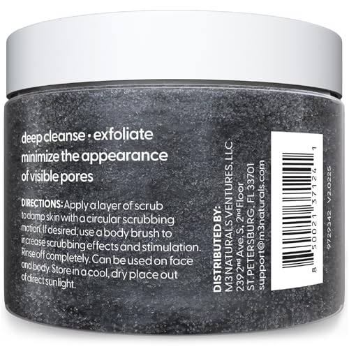 Exfoliating Charcoal Scrub with Collagen & Stem Cells ? Salt Scrub for Body Toning, Cellulite, Armpit Detox, and Skin Smoothing for Face, Feet, and Body by M3