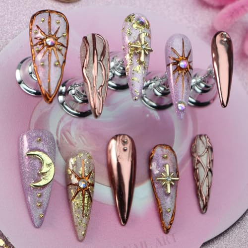 Star Moon Press on Nails Long Stiletto Fake Nails Pure Handcrafted Nail Mirror Effect Glue on Nails Glitter False Nail with Design Rhinestone Stick on Nail for Women Girls Luxury Manicure (M)