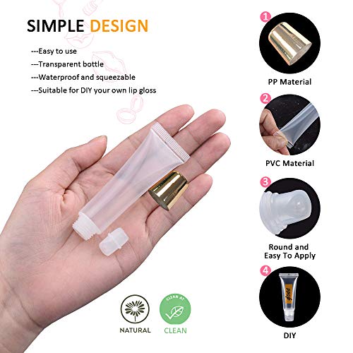 AMORIX 50PCS Lip Gloss Containers 10ml Gold Lip Gloss Tubes Empty Lip Balm Tubes Squeeze Tubes Lipgloss Supplies Lip Gloss Kit for Lip Gloss Base + 2 x 20ml Syringes & Labels