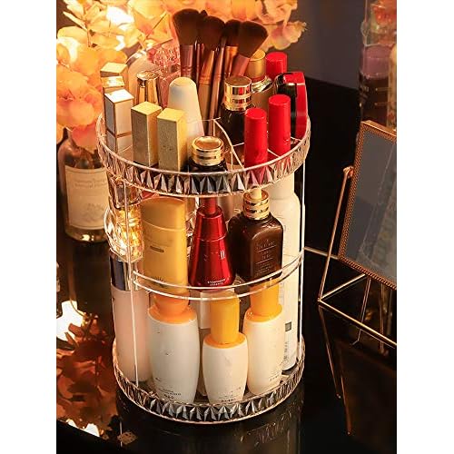 PJLANDI Acrylic 360 Degree Rotation Makeup Organizer, Cosmetic Storage holder shelf rack Perfume in Bathroom Dresser Diamond Pattern for skin care stand