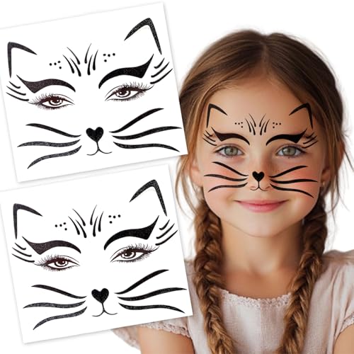 2 Pack Halloween Cat Temporary Tattoos - Glitter Halloween Face & Body Stickers for Women, Realistic Animal Skin Decals for Cosplay, Makeup & Festive Looks (4-black cat)