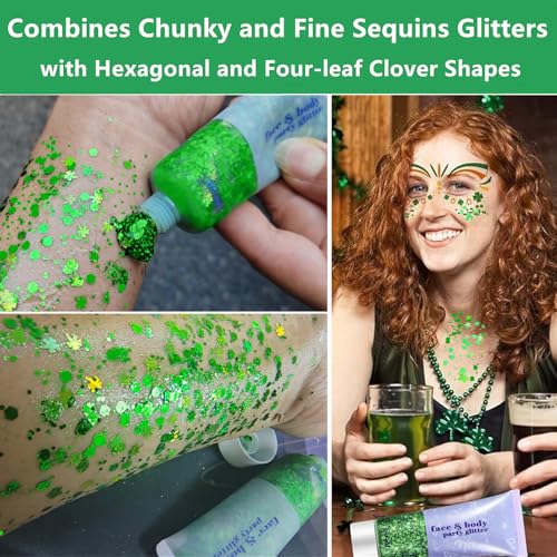 Go Ho Green Face Body Glitter,St Patricks Day Shamrock Hair Glitter Makeup,Self Adhesive Holographic Chunky Sequins Glitters,Irish Festival Four Leaf Clover Green Accessories
