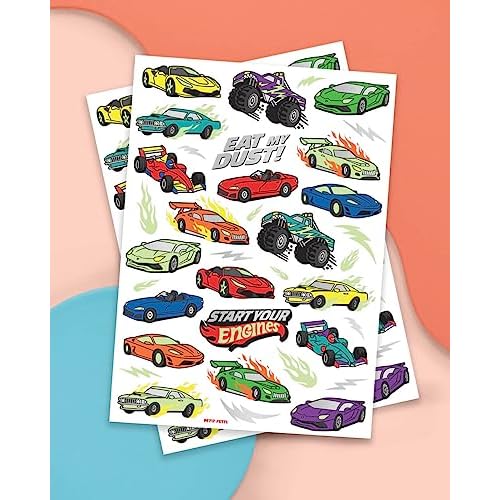 xo, Fetti Cars Glow in Dark Temporary Tattoos - 42 pcs | Monster Truck Birthday Party Supplies, Race Car Favors Decorations