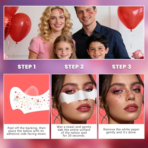 28 Pcs Valentine's Day Face Tattoos, Kiss Love Heart Tattoos Temporary, Red Fake Temporary Tattoo for Women Girls Valentine Makeup Accessories