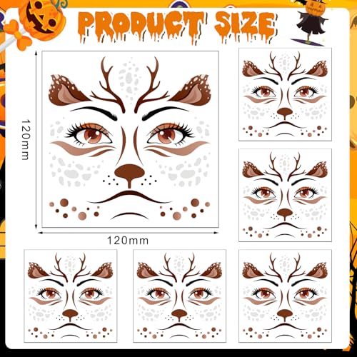 HOWAF 6 Sheets Halloween Deer Full Face Tattoos, Reindeer Face Stickers for Adults Man or Women Halloween Deer Costume Accessories, Elk Face Decals Fawn Horn Temporary Tattoos