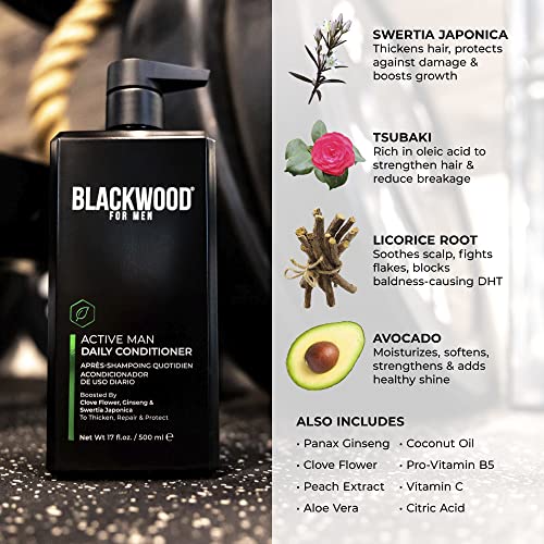 BLACKWOOD FOR MEN Active Man Daily Conditioner (17oz) and Pure Moisture Body Wash (17oz) Bundle - Natural Vegan Formula - Sulfate Free, Paraben Free, & Cruelty Free