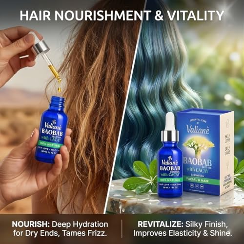 BAOBAB OIL + CACAY for HAIR & FACE Premium Enriched Blend - Hair Oil & Beard Oil - Facial Serum - Cold-Pressed Lightweight Fast-Absorbing, 100% NATURAL - for Body Neck D?collet? Nails -1 fl oz Valian?