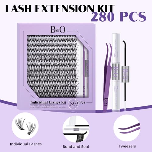 Lash Extension Kit for Beginners 280pcs Eyelash Extension Kit 30D 9-16 Mixed Lash Clusters Kit D Curl Lash Kit with Lash Bond and Seal Individual Lashes Kit DIY (KIT,30D-D-9-16MIX)