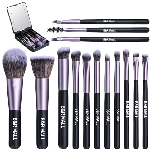 B&R MALL Makeup Brush Set with LED Mirror ? Supper soft Brushes for Flawless Foundation, Concealer, Eyeshadow & More | Lightweight, Versatile, Perfect for On-the-Go Touch-Ups (Purple Black)