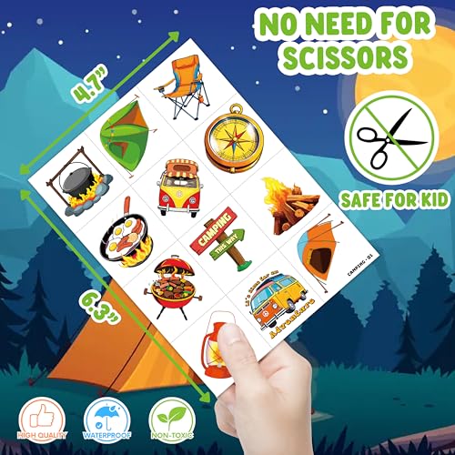 96PCS Camping Camp Camper Campfire Pre-Cut Temporary Tattoos for Kids | Super Cute Themed Birthday Party Favors, Supplies, Decorations, Fake Tattoo Stickers (multiple)