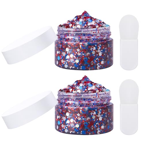 Wehhbtye 2 Set 4th of July Face Glitter, 3.5oz Red White Blue Body Glitter Gels with 2 Silicone Brush, Patriotic Sequins Gel for Independence Day Party Body Hair Nail Makeup Costume Decoration