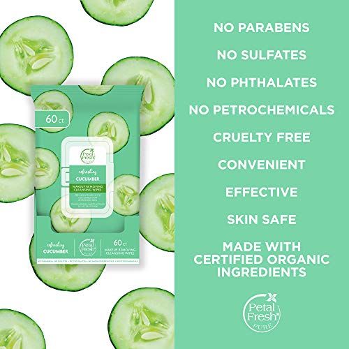 Petal Fresh Refreshing Cucumber Makeup Removing, Cleansing Towelettes, Gentle Face Wipes, Daily Cleansing, Vegan and Cruelty Free, 60 count