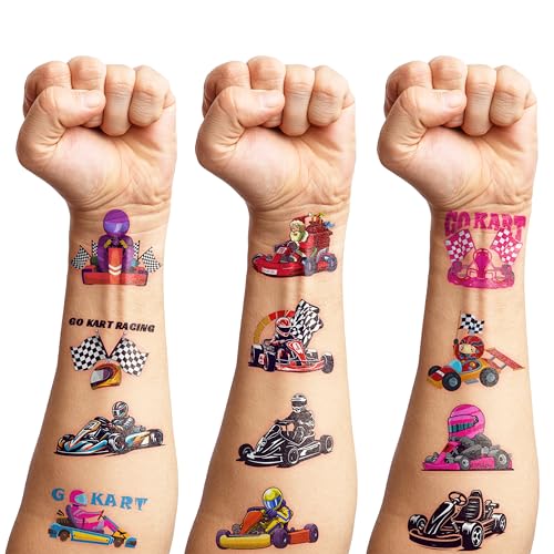 100 PCS Go Kart Car Temporary Tattoos Themed Birthday Party Decorations Favors Supplies Decor Karts Race Car Checkered Flag Racing Tattoo Stickers Gifts For Game Boys Girls Classroom School Prizes