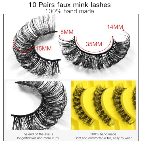 False Eyelashes Natural Look Faux Mink Lashes Russian Strip Lashes C Curl Wispy Like Eyelash Extension Fluffy Transparent Band Cat Eye Fake Eyelashes Pack 10pairs
