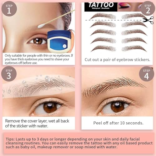 Eyebrow Tattoo 8 Sheets, 72 Pairs Eyebrow Tattoo Sticker Waterproof 10D Hair-Like Temporary Eyebrows Peel Off Brows Grooming Transfers Stickers Makeup for Women, Men, Girls, Brown