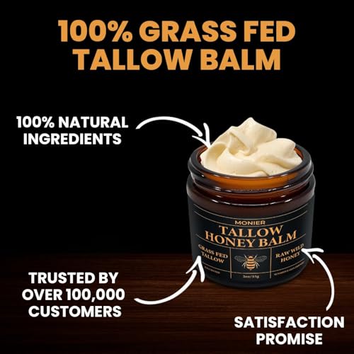 MONIER Tallow and Honey Balm for Face, Beef Tallow for Skin, Moisturizer with 100% Organic Grass-Fed Beef Tallow & Raw Wild Honey - Natural Formula for Dry & Sensitive Skin (Unscented)