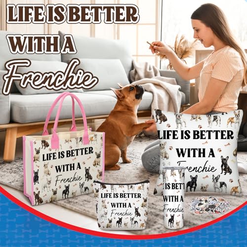 Patelai 56 Pcs Valentine Frenchie Gifts for Women Frenchie Dog Lover Gifts 20oz Stainless Tumbler Tote Bag Cosmetic Bag Sock Pillow Cover Keychain 50 Sticker for Dog Mom Birthday Party Favor