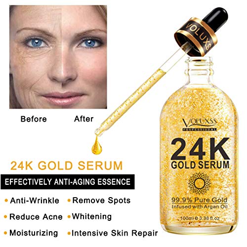 24K Gold Serum for Face,Skin Brightening Anti Aging Face Serum Moisturizer with Vitamin C,Hyaluronic Acid & Argan Oil for Dark Spots & Fine Lines,Korean Skin Care Glow Collagen Booster