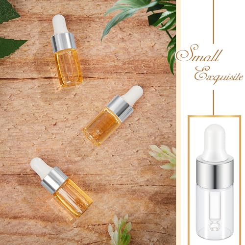 100 Pcs Mini Glass Oil Dropper Bottle Bulk, 3 ml Sliver Clear Essential Small Empty Bottles Sample Containers Perfume Liquid Vials with Cap for Traveling