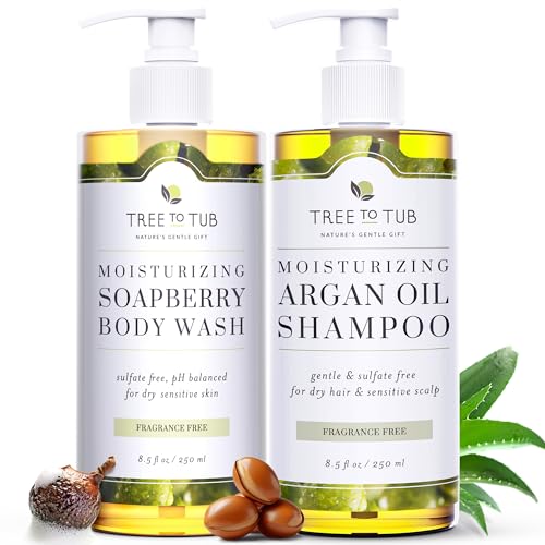 Tree to Tub Unscented Body Wash for Sensitive Skin and Dry Skin & Fragrance Free Shampoo for Dry Sensitive Scalp - Moisturizing pH Balanced Fragrance Free Body Wash & Unscented Hydrating Hair Shampoo