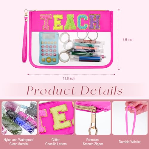 Kacctyen 6 Pcs Teach Bags Chenille Letter Clear Zipper Makeup Bags Teacher Appreciation Gifts Cosmetic Travel Pouch with Handle Gift for Teacher Retirement Women Thanksgiving day Christmas, Multicolor