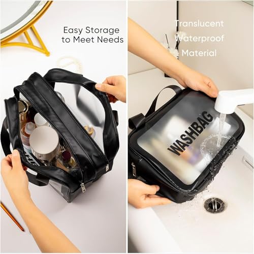 Travel Toiletry Bag for Women, Matte Translucent with Handy Handle, Makeup Cosmetic Organizer Bag for Travel Toiletries Accessories (Black Bag)