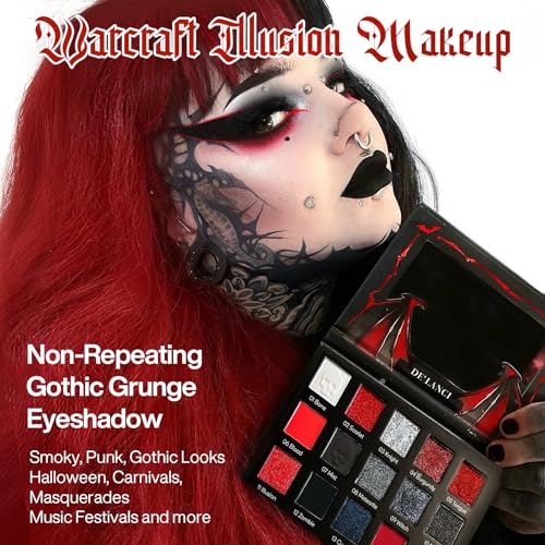 DE'LANCI Red Black Goth Eyeshadow Palette, Red Eyeshadow Goth Makeup Palette, Gray Silver Shimmer Glitter Eye shadow Pallet, Burgundy Eye Shadow for Vampire Clown Halloween Makeup,High Pigment,Vegan