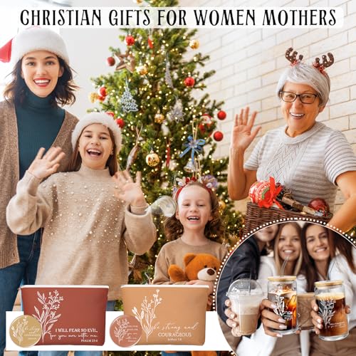 Fumete 2 Set Women's Day Christian Gifts for Women Bulk Religious Makeup Bag Bible Verse Glass Cup Mini Christian Compact Mirror Regalos Cristianos for Church Mothers Day Gifts (Bright Colors)
