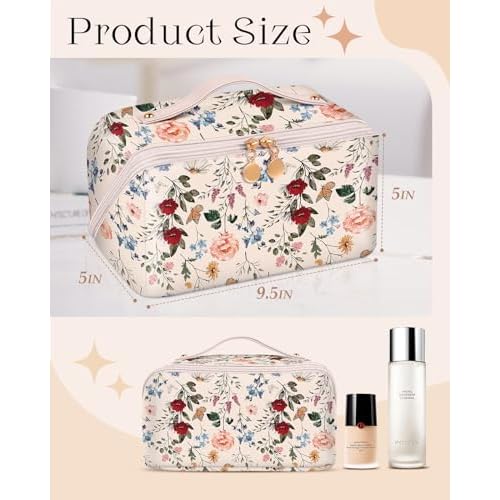 Bistup Makeup Bag Travel Cosmetic Bag Toiletry Make Up Bags Cute Women Large Capacity Big Medium Leather Flower Floral Aesthetic Girl Teen Teenage Foldable Expandable Open Flat Zip