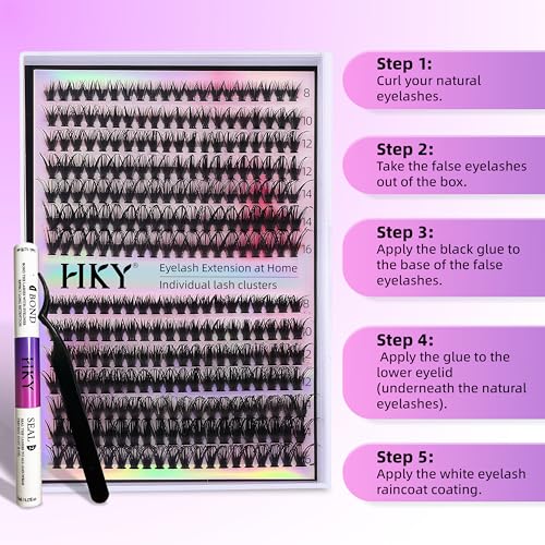 HKY Lash Clusters Kit 8-16mm 30D-40D Wispy Eyelash Clusters Lashes Natural DIY Lash Extension Kit Cluster Eyelash Extensions Kit 280pcs C Curl Individual Lashes Cluster Eyelash (With Tweezers)