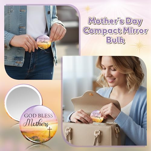 Y1tvei Christian Mirrors Bulk Gifts for Mother's Day - 150Pcs God Bless Mother Scripture Mini Mirrors with Inspirational Cards, Round Portable Pocket Makeup Mirror Church Gifts for Mum Birthday Party