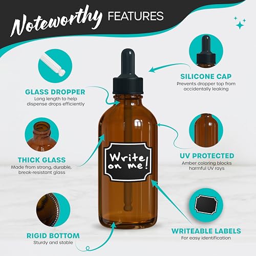 Nevlers 2 & 4 Oz Amber Glass Dropper Bottles w/Shrink Wrap, Funnels, Cleaning Brushes, Label Stickers, & Markers Bundle