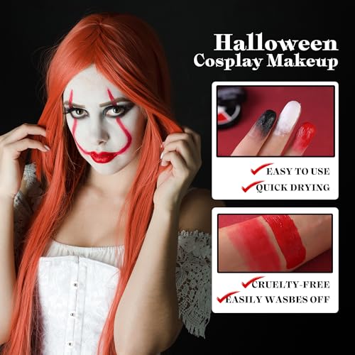 VANERIA Clown Makeup Halloween, Black White Red Cream Face Body Paint for Halloween, SFX Makeup Set with Vampire Teeth & Fake Blood, Clown Art Theater With Brushes