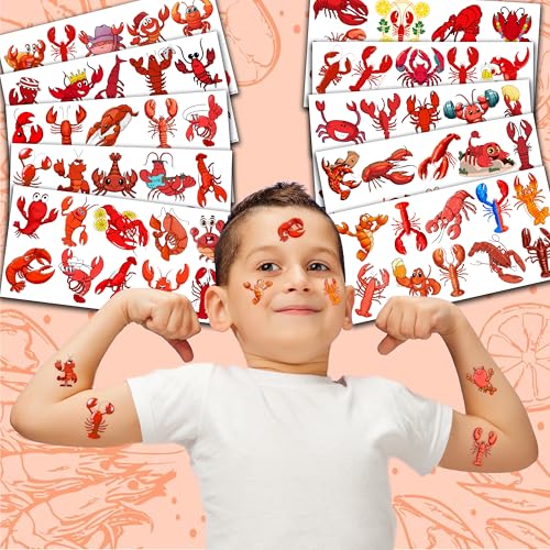 Crawfish Temporary Tattoos Lobster Party Decorations Favors Supplies Seafood Themed Cute Stickers 10 Sheets 100 PCS Gifts for Baby Girls Boys Class School Carnival