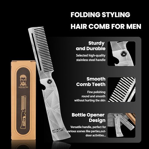Men's Metal Folding Pocket Beard & Mustache Comb, EDC Knife Comb with Bottle Opener for Outdool Travel - Anti-Static for Hair Styling Pompadour, Slicked-back, Fauxhawk, Undercut