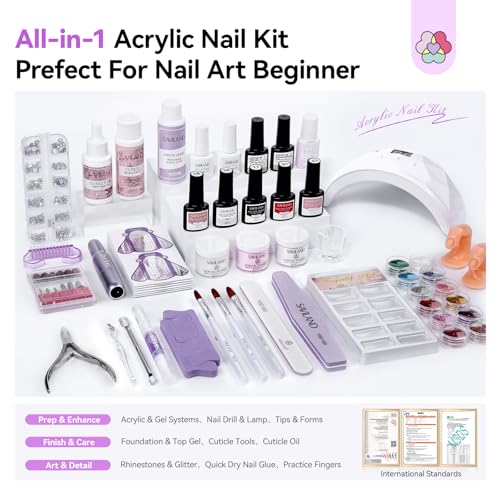 SAVILAND Acrylic Nail Kit: All-In-1 Nails Kit Acrylic Set with 88W Nail Lamp EMA Monomer Gel Nail Polish Nail Drill Cuticle Remover Home DIY Starter