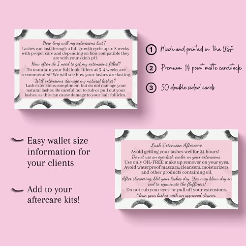 Lash Extension Aftercare Instructions Cards | Package of 50 | Eye Lashes with Pink Inlay Design Double Sided Size 3.5 x 2" inches After Care (3-4 Week Fillers)