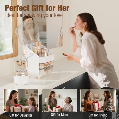 Makeup Organizer Countertop & 360¡Æ Rotating Makeup Brush Holder, Skincare Holder with Lid and Drawers, Storage Box Cosmetic Display Cases, Teen Girl Gifts, Vanity, Bathroom Counter,Rose Gold