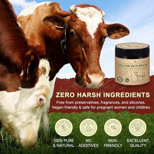Handmade Tallow Balm with Organic Castor Oil & Frankincense, Beef Tallow for Skin, 100% Grass-Fed Tallow Moisturizer for Face & Body, Sensitive & Dry Skin Care, Natural Age-Defying Cream, 4.2 oz