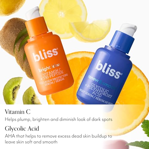Bliss Vitamin C Bright Idea + Glycolic Acid Renew & Smooth Day and Night Serum Duo | Anti-Aging and Brightening Face Serums Duo for Bright, Smooth & Firm Skin | Vegan, Clean & Cruelty-Free | 2x1 Fl Oz