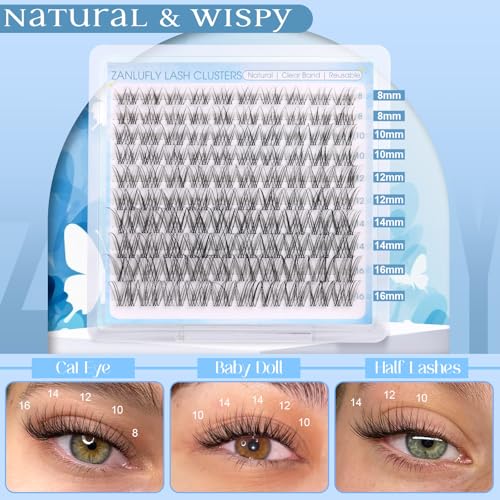 Natural Lash Clusters Kit Invisible Band Eyelash Clusters DIY Lash Extension Kit Wispy Eyelash Extension Kit Clear Band Cluster Lashes with Lash Glue, Brush and Tweezers by ZANLUFLY(8-16mm)