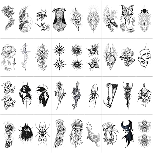 GLARYYEARS Temporary Tattoo for Men, 48-Pack 12 Large 36 Small Fake Tattoos, Long-lasting Realistic Tattoo Stickers, Halloween Cool Black Skull Snake Death Designs for Adults Women for Body Half Arm