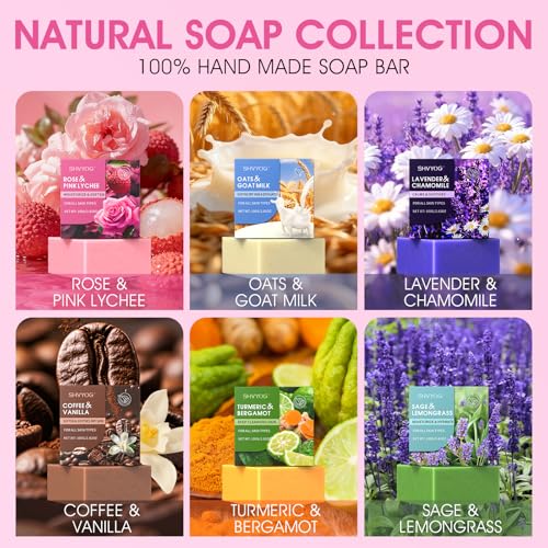 SHVYOG Natural Soap Bar Gift Set, 6PCS Soap with Organic Ingredients & Essential Oils, Cleanses & Softens Skin, Moisturizing, Gifts for Women, Body Wash & Face - 100G*6