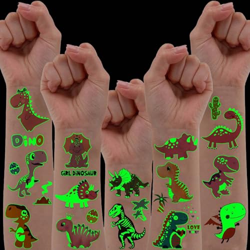 15 Sheets Glow in The Dark Cartoon Dinosaur Temporary Tattoos For Kids Boys Girls Face Hands, Night Glowing Luminous Tattoo Stickers Dino Tatoos Children, Party Stocking Stuffer Goodie Bags Fillers