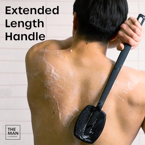 The Man Silicone Back Scrubber for Men - 18.5¡± Shower Brush with Long Handle for Back & Body - Exfoliates, Clears Pores & Prevents Breakouts - Hygienic Body Washer with Hook