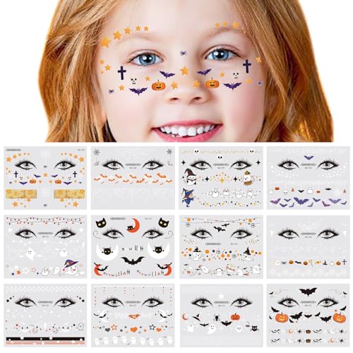 Halloween Face Temporary Tattoos for Kids 12 Sheets Day of the Dead Pumpkin Spider Bat Ghost Tattoo Stickers Cute Face Makeup Decals for Halloween Party Decorations