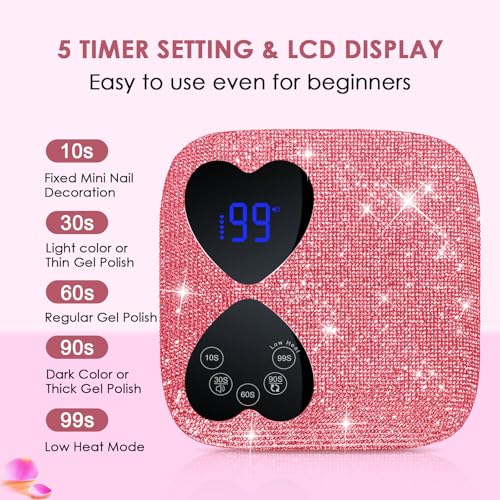 UV LED Nail Lamp Cordless, HUITINE 80W Rechargeable UV Light for Gel Nails with 5 Timers & Mirror Base, Professional Gel Light Dryer, Sparkling Rhinestones Curing Lamp for Salon & Home (Pink Diamond)