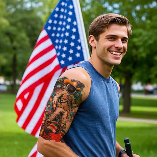 16 Sheets Independence Day Temporary Tattoos, USA Flag Patriotic Waterproof Fake Tattoos, Red White and Blue Party Supplies Tattoo Kits for 4th of July Memorial Day, Veterans Day, Summer Festivals