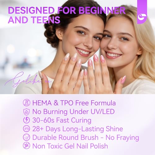gelike ec Jelly Color Gel Polish: Nail Starter Kit with 10 Gel Colors & Base Gel Top Coat - need UV LED Lamp Cure Smooth Easy Used on Natural & Acrylic Nails at Home for Beginner and Teens