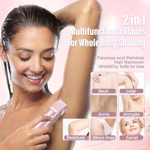 2 in 1 Women's Electric Shaver & Body Hair Trimmer - Waterproof Bikini/Intimate Shaver for Face, Armpits, Arms, Nose - Cordless Wet/Dry Use